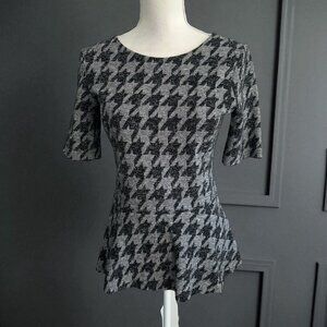 THEORY Black Gray Houndstooth Peplum Stretch Top Size Medium